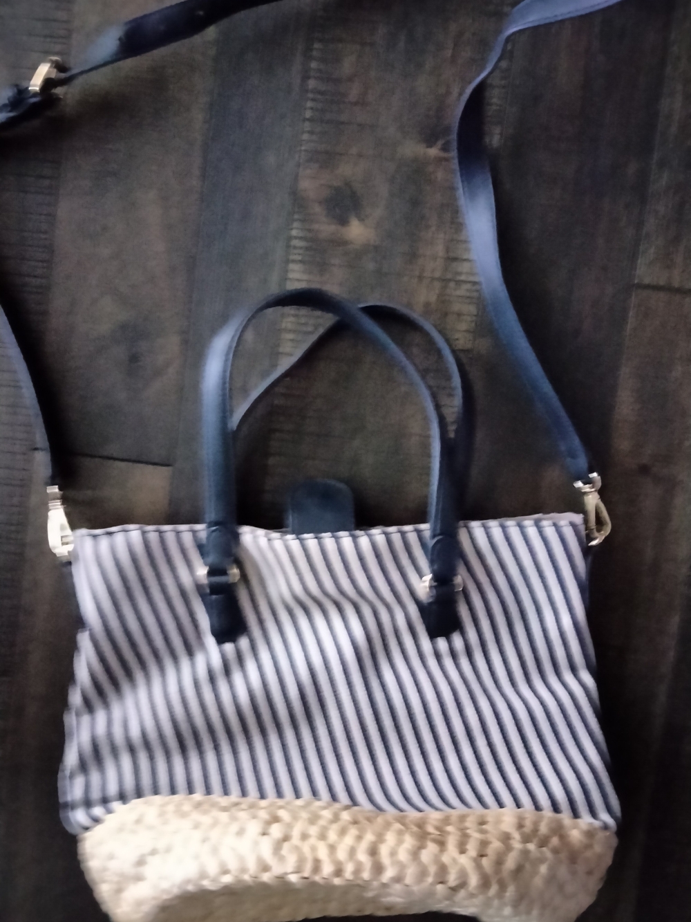Talbots Navy and Cream Striped Crossbody Tote
